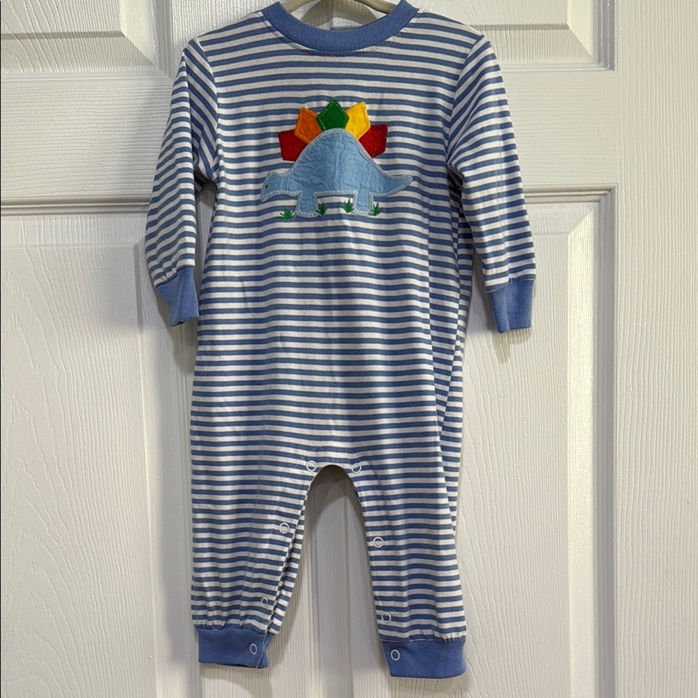 Boys Blue Striped Dinosaur Knit Romper